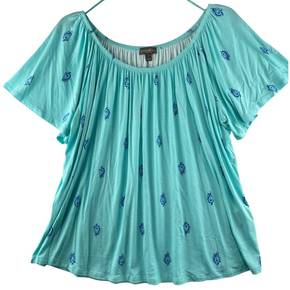 Style & Co Womens  3X Off-Shoulder Knit Top With Short Sleeves & Paisley Pattern